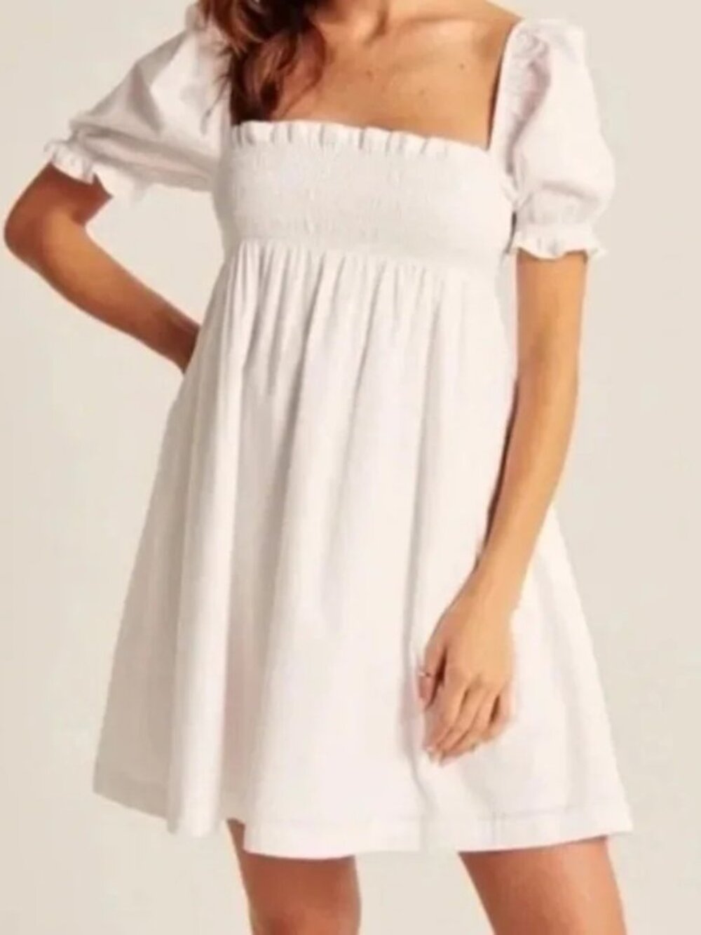 Abercrombie & Fitch Smocked Babydoll Mini Dress WHITE XS Pockets - Picture 6 of 11